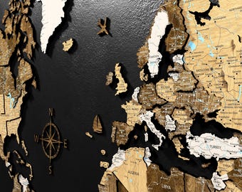 Multi-Layered Wood World Map Wall Art – Detailed Print Map with hidden base