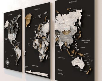 Handmade 3D Wooden World Map Wall Art: Push Pin Travel Map