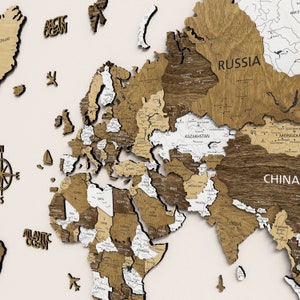 Globe, impression bois, grande carte du monde murale, art déco appartement, cadeau de voyage en couple pour 5e anniversaire, carte du monde en bois avec punaises