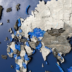 Carte du monde en bois 3D, grande carte d'art mural, carte de voyage en bois, carte de suivi de voyage, carte du monde détaillée, tenture murale de carte, art géographique en bois