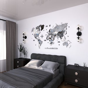 Weltkarte aus Holz, Wanddekor, Weltkarte, Holzkarte, 3D Weltkarte, große Karte, graue Farbe Holzkarte