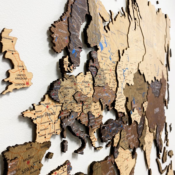 Art mural carte du monde en bois 3D neutre, cadeau 5e anniversaire, cadeau de voyage en couple, grande carte murale, carte du monde en bois, Weltkarte holz