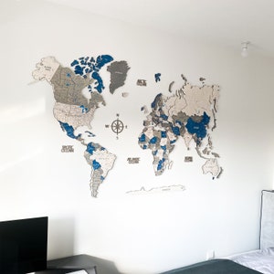 Carte du monde vintage en bois Aqua 3D, cadeau pour la maison, carte du monde, art mural, décoration d'intérieur, cadeau pour couple, décoration au-dessus du lit, carte du monde avec épingle