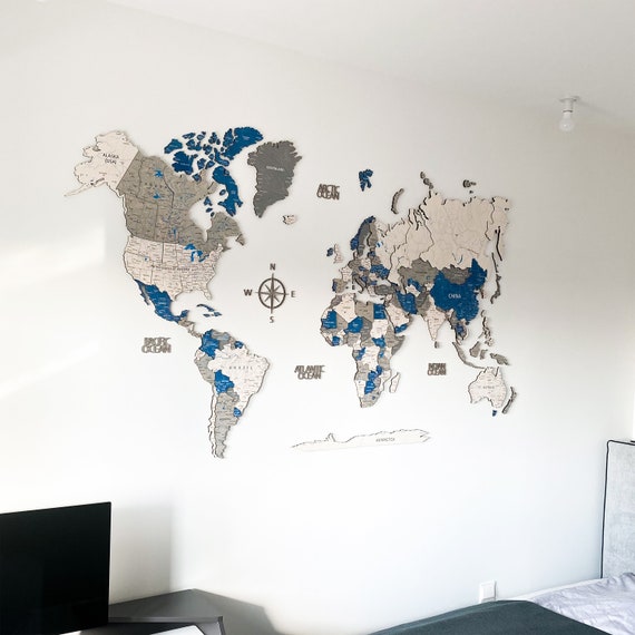 Vintage Aqua 3D Wood World Map Gift for the Home, World Map Wall Art Home Decor, Gift for Couple, Above Bed Decor, World Map Push Pin