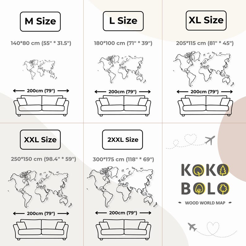 May include: A chart showing different sizes of a wood world map. The sizes are M, L, XL, XXL, and 2XXL. The measurements are in inches and centimetres. The map is made by KOKO BOLO.