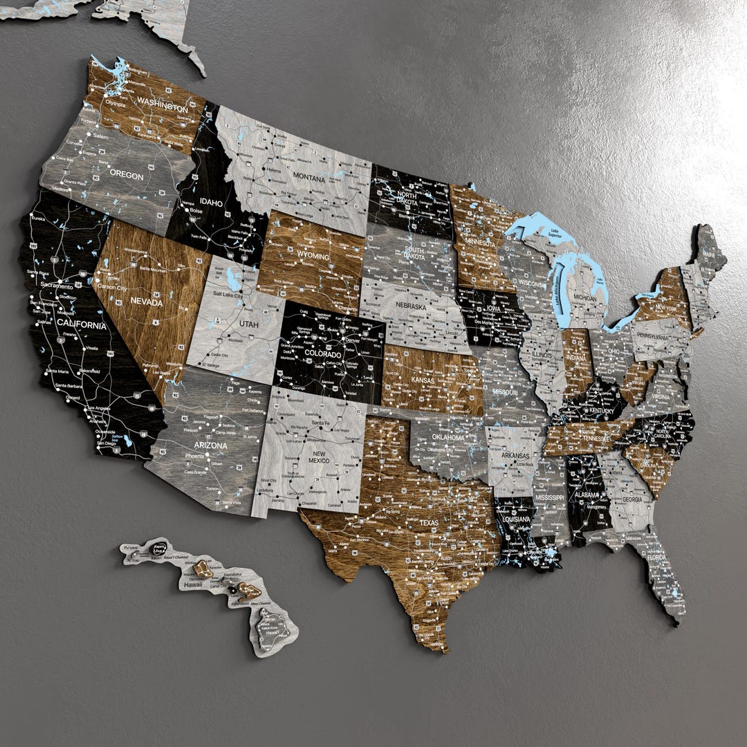 Wooden USA Map, United States Map Wall Decor, Wood US Map of America ...