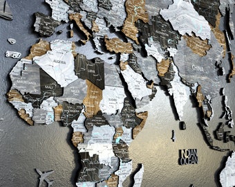 Mapa mundial de madera en 3D • Marcador de viaje con chinchetas, regalo de aniversario