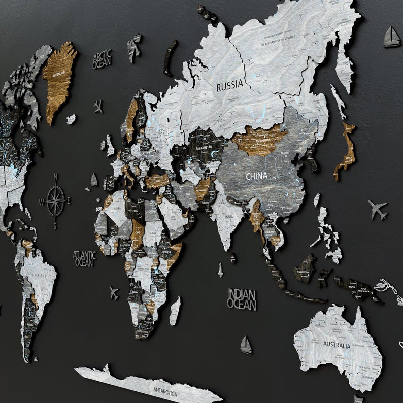 3D Wooden World Map in the Loft Style with detaiked print