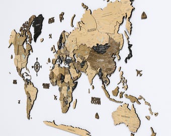 5th Anniversary Gift Wooden World Map Wall Art, 3D Push Pin Map for Couples