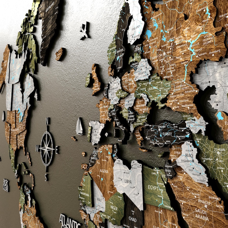 Complete world map kit laid out, showing all components needed for easy installation.