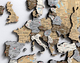 Wooden World Map Wall Art: Light Walnut Travel Decor, Push Pins