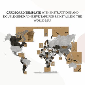 Gabarit en carton avec instructions et ruban adhésif double face pour réinstaller la carte du monde en bois