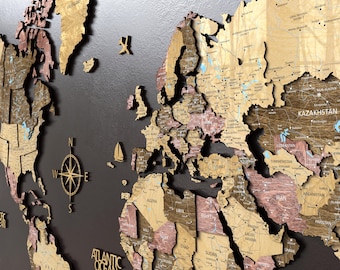 Wooden World Map Wall Art - Push Pin Travel Map for Housewarming Gift & Office Decor