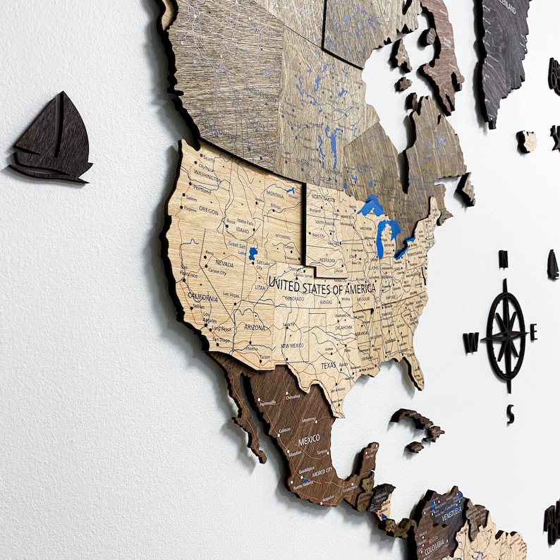 Mapa del mundo de madera en 3D, decoración de viaje, regalo para el 7.º aniversario imagen 4
