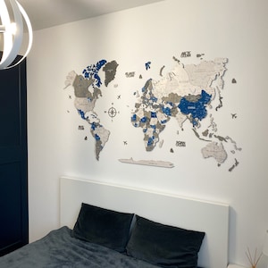 Décoration murale 3D en bois, carte du monde, décoration murale d'appartement, cadeaux pour la décoration intérieure, carte du monde en bois, décoration murale art 3D, punaise de carte du monde