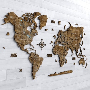 Décoration d'intérieur carte du monde 3D, carte du monde beige neutre, art mural carte du monde, cadeau unique, cadeau de la Saint-Valentin, carte murale en bois, carte du monde murale