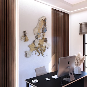 Carte 3D en bois de l'Europe, carte en bois de l'Europe dans le mur du bureau, carte de voyage en Europe, art mural impression bois, impression de carte en bois de l'Europe, Weltkarte holz