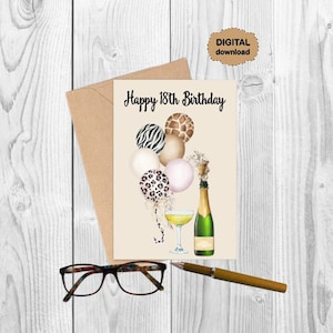 18th Birthday Card, Printable Card, Champagne Bottle, Balloons, Birthday Card, 18 Card