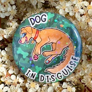 May include: A circular badge featuring a cartoon dog in disguise. The dog is depicted in light brown with a red collar, set against a teal camouflage background. The words "DOG" and "IN DISGUISE" are in white.