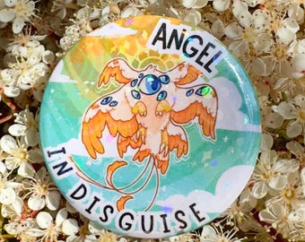 Angel in Disguise 44mm Holographic Pinback Seraph Therian / Furry Button