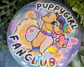 Badge fanclub puppymeisje: holografische fursona harige speldknop (44 mm)