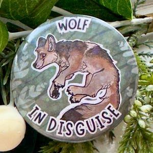 Botón holográfico de 44 mm con diseño de lobo gris Therian disfrazado de lobo disfrazado de lobo gris / peludo