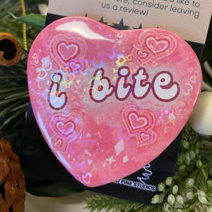 Holographic Heart Button Pin | 'i bite' Yami Kawaii