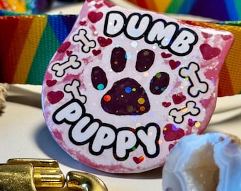 Dumb Puppy Button | 57mm 2 1/4" Holographic Cat Ears Pin Badge  | Furry Button