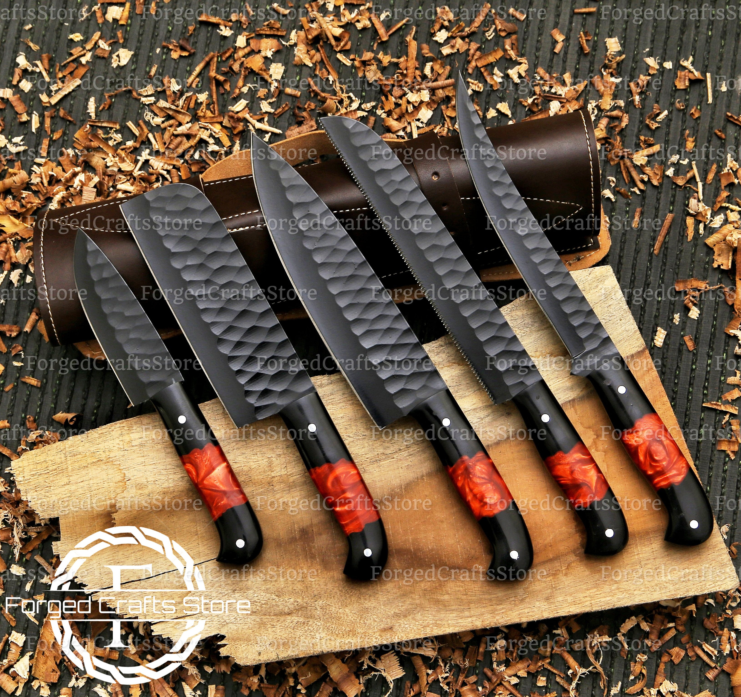 Hand Forged CHEF'S KNIFE Set of 5 BBQ Knife Kitchen Knife Gift for Her,  Men's Gift, Gift, Outdoor Knife, Father Gift, Gift for Her. 