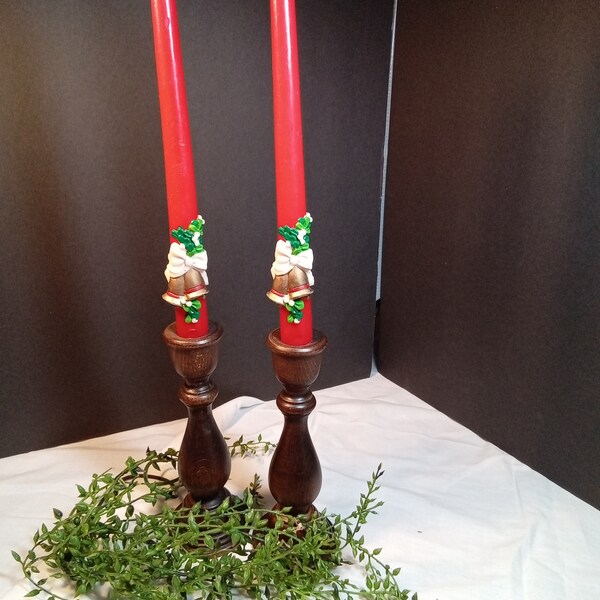Avon Bayberry Red Taper 10" Candles with gold bells