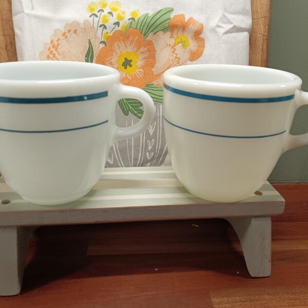 Vintage MCM Set of Two Milk Glass Mugs with Teal Blue Stripes One is Anchor Hocking and one is Pyrex