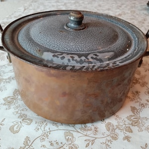 Vintage Copper Stock Pot with Brass Handles, French Cookware (Graniteware Lid)