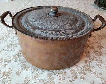 Vintage Copper Stock Pot with Brass Handles, French Cookware (Graniteware Lid)