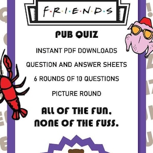 FRIENDS Printable English Pub Quiz | FRIENDS trivia | Instant Download | Picture Quiz | Music Quiz | Questions | Answers | Game Night
