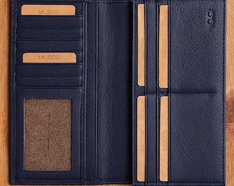 Cartera larga de cuero con bloqueo RFID: diseño de chequera plegable azul marino