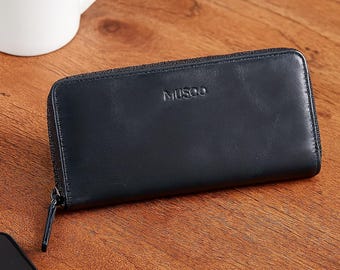 Cartera larga de cuero con bloqueo RFID: gris, con ranura para múltiples tarjetas, accesorio para hombre