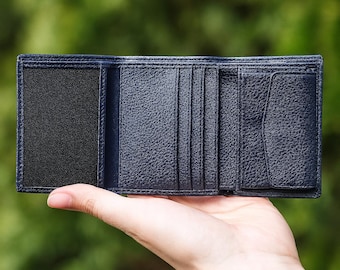 Cartera plegable de cuero azul marino: bloqueo RFID, tarjetero extraíble