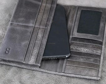 Cartera larga de cuero con bloqueo RFID: chequera minimalista gris para hombre