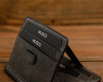 Cartera delgada de cuero genuino RFID: tarjetero minimalista con bolsillo frontal