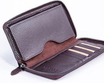 Cartera de cuero con cremallera y bloqueo RFID: bolso de mano y de muñeca unisex