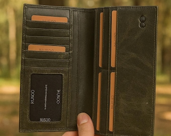 Cartera larga de cuero verde para hombre: tarjetero con bloqueo RFID