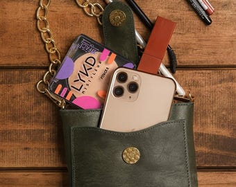 Cartera bandolera de cuero verde para celular: mini bolso de hombro