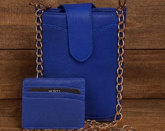 Mini bolso bandolera de cuero azul hecho a mano para teléfono: Cartera bandolera