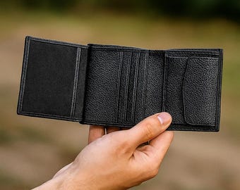 Cartera plegable de cuero negro para hombre: protección RFID, tarjetero extraíble