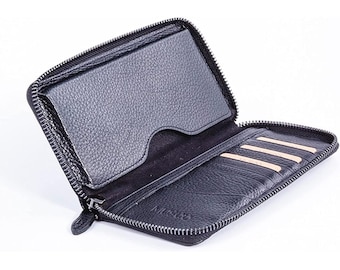 Cartera de viaje azul marino de cuero con cremallera y bloqueo RFID