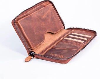 Cartera de piel con bloqueo RFID: Cartera de mano con cremallera - Marrón claro