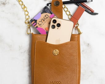 Cartera de cuero tipo bandolera para teléfono: minibolso de hombro marrón claro