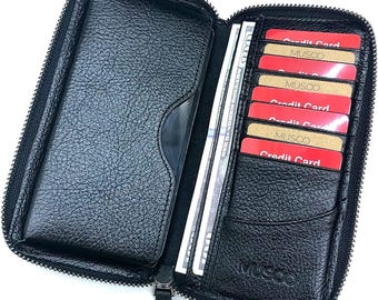 Cartera de cuero con cremallera y bloqueo RFID: bolso de mano de viaje unisex