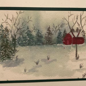 私のオリジナルの水彩画から雪の降る冬の風景カード