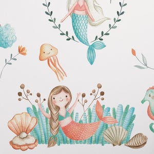 Mermaid Watercolor Wall Decals, Wall Sticker, Removable, Reusable Wall Stickers, Sea Nursery Decor, Kids Room Wall art, Beach Nursery Decor